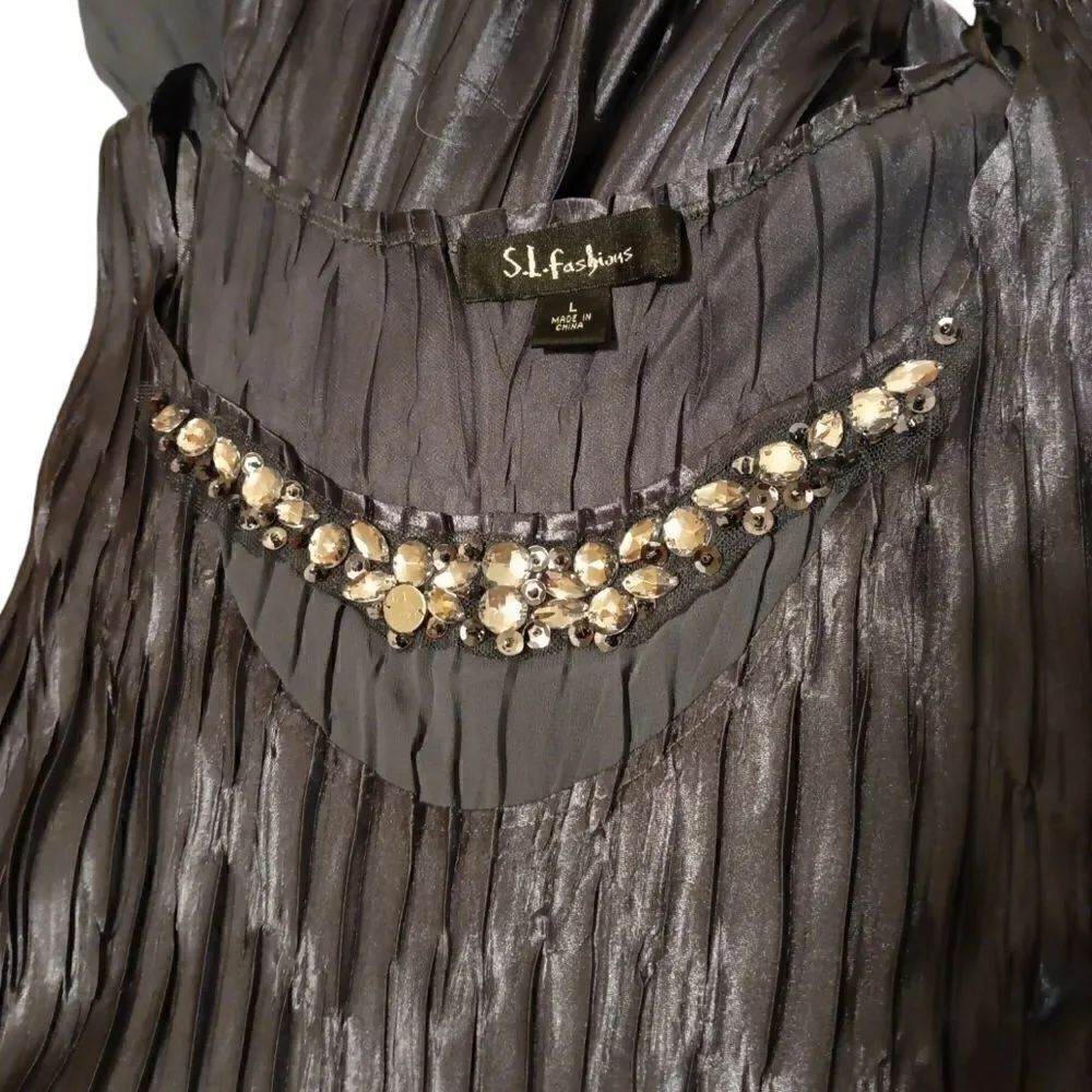 S.L. Fashions black Charmeuse sleeveless crinkle embellished dress size L - Picture 9 of 11